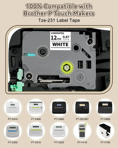 10-Pack TZe 12mm 0.47 Laminated White Tape Compatible for TZe-231 TZe231 TZ-231 Label Tape Refills for P Touch Label Maker Tape PT-H110 D220 D600 D410 D210 D200 D400 P700 1280 1880, 1/2 Inch