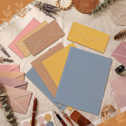 TaoBary 160 Packs Stationery Paper Set (50 Double Sided Stationery Writing Papers 50 Matching Envelopes) 60 Round Dot Sticker, 10 Design(11 x 8.5 Inch,Boho Color)