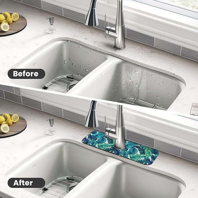 Green Tropical Palm Leaf Summer Kitchen Sink Splash Guard Faucet Mat 1 Pcs