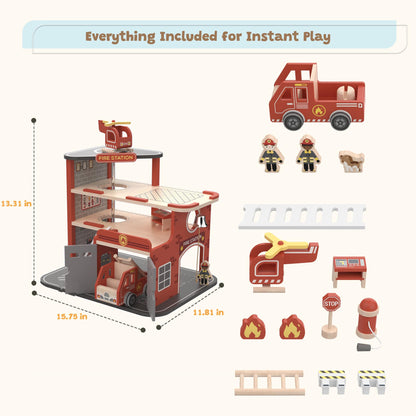 Freniland Wooden Fire Station Playset, 4-Level Pretend Play Firehouse with Fire Truck, Helicopter, Figures & Accessories, Educational Role Play Toy for Toddlers Kids Age 3+