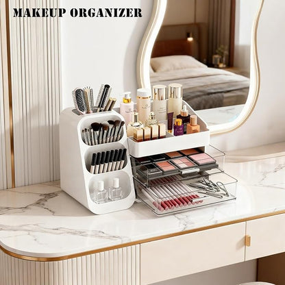 Bathroom Countertop Makeup Organizer with Brush Holder, Large Cosmetic make up storage organizers with 2 Drawers for Vanity Counter top, Makeup Caddy for skincare, lipsticks, hairbrush