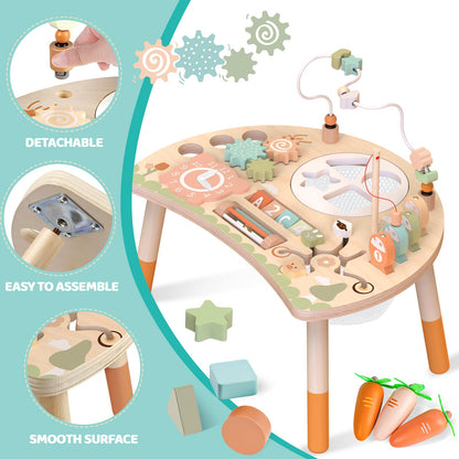 Hewaurorion Wooden Activity Table for Toddlers 1-3, 9 in 1 Montessori Sensory Table with Bead Maze Shape Sorter Fishing Game, Baby Activity Table Learning Toys for 1 2 3 Year Old Boys Girls
