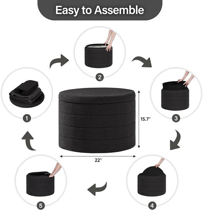 B FSOBEIIALEO Ottoman with Stroage, Round Sherpa Storage Ottoman Stool, Boucle Foot Rest22 x 22"x15.75" (Dark Grey)