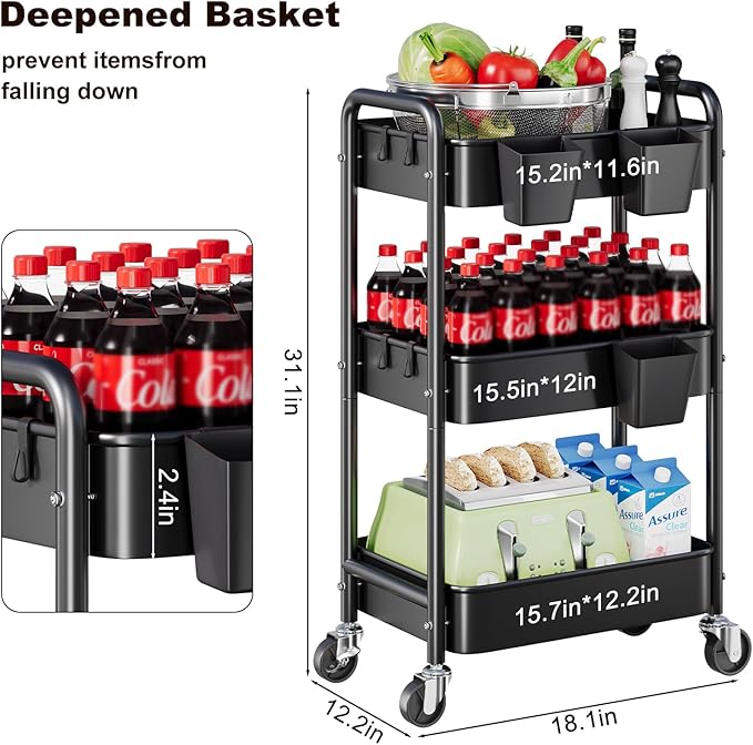 3 Tier Rolling Cart on Wheels, Metal Utility Storage Cart with Wheels, Three Tiered Craft Carts Organizer with Hanging Cups, Hooks, Mesh Basket for Bedside, Kitchen, Bathroom, Office, Art, Snack,Black