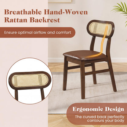 Giantex Wooden Dining Chairs Set of 2, Faux Leather Upholstered Kitchen Chairs w/Breathable Mesh Cane Backrest, Rubber Wood Frame, Padded Seat, Farmhouse Armless Side Chairs for Dining Room, Coffee