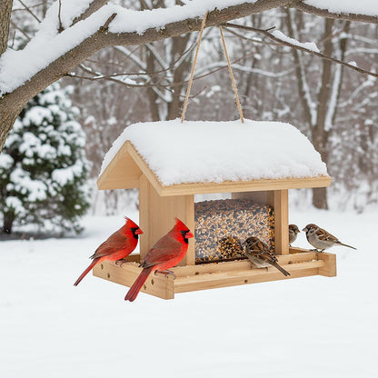 Zeqeey Hanging Wooden Bird Feeder, Outdoor Large Capacity Wood Birdfeeder for Feeding Outside Garden Wild Birds Finches Robin Sparrow Blue Jay Chickadees