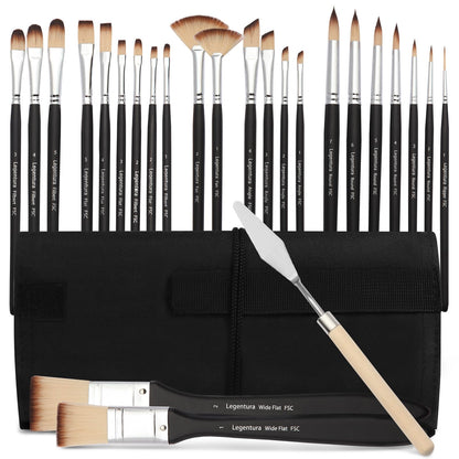 Legentura 25 PCS Paint Brush Set for Acrylic, Oil & Watercolor, Artist Brush Kit with Flat, Filbert, Fan, Round, Liner, Dagger & Angle Brushes, Synthetic Bristles, Roll-Up Case