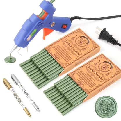 Wax Seal Kits, Wasole 40Pcs Pine Green Sealing Wax Sticks with Glue Gun + 2Pcs Wax Seal Pens for Wax Seal Stamp, Great for Wedding Invitations, Birthday Cards, Envelopes, Gift Wrapping