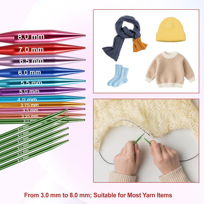 Hoowen Short Interchangeable Knitting Needles Set, 2-Inch Metal Circular Knitting Needles Kit for Beginners, 12 Pairs, Size US 2.5, 3, 4, 5, 6, 7, 8, 9, 10, 10.5, 11 with Case, Cables & Accessories