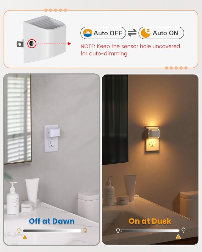 NIORSUN Plug in Night Light, Auto Brightness Sensor Night Light, 3000K Warm White, Ultra-Slim Wall Light for Hallway Bathroom Bedroom Stairs, White, 4 Pack