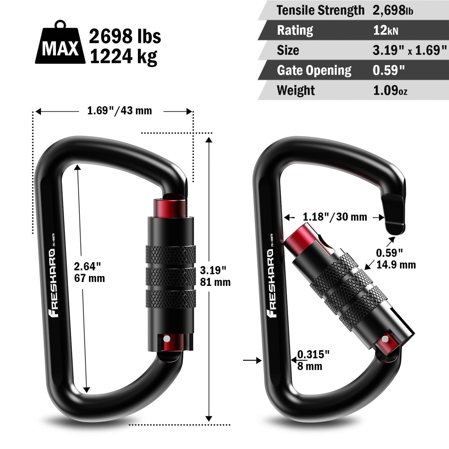3 inch Locking Carabiner Clips-Twist Auto Lock Caribeener, Heavy Duty Keychain Key carabeaner Hooks, 7075 Aerial Aluminum Ultra Light, for Hammock, Hiking, Yoga Swing, Camping, Backpack, Black,3pack