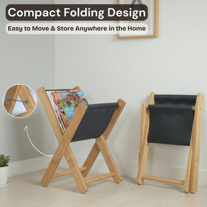 Craftilux Premium Leather Magazine Holder - Wooden Magazine Rack Floor Standing - Brochure Holder and Book Display Stand - Modern Magazine File Holder & Newspaper Rack for Home, Bathroom, Office Decor