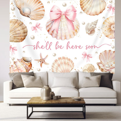 Bcuuipo Shell Themed Baby Shower Backdrop She'll Be Here Soon Pink Bowknot Pearl Seashell Photography Background for Girls Newborn Baby Shower Party Decoration Supplies Banner Photo Booth Props 7x5ft