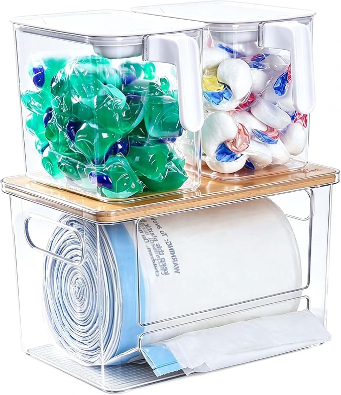 iCASA Trash Bag Dispenser Organizer - Large 3 in 1 Garbage Bag Dispenser Holder Dishwasher Pods Container, Clear Under Kitchen Sink Organizer, 2pcs Laundry Detergent Pods Storage Box with Handle