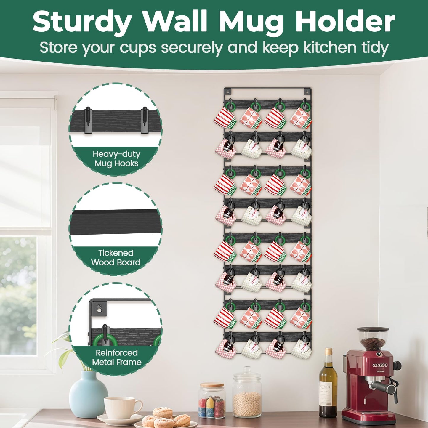 EsLuker.ly Mug Holder Hanger Rack Wall Mounted Wooden 4 Pack Coffee Cup Storage Organizer Display Shelf with 32 Movable Plastic Hooks, Ideal for Mug Collectors, Black