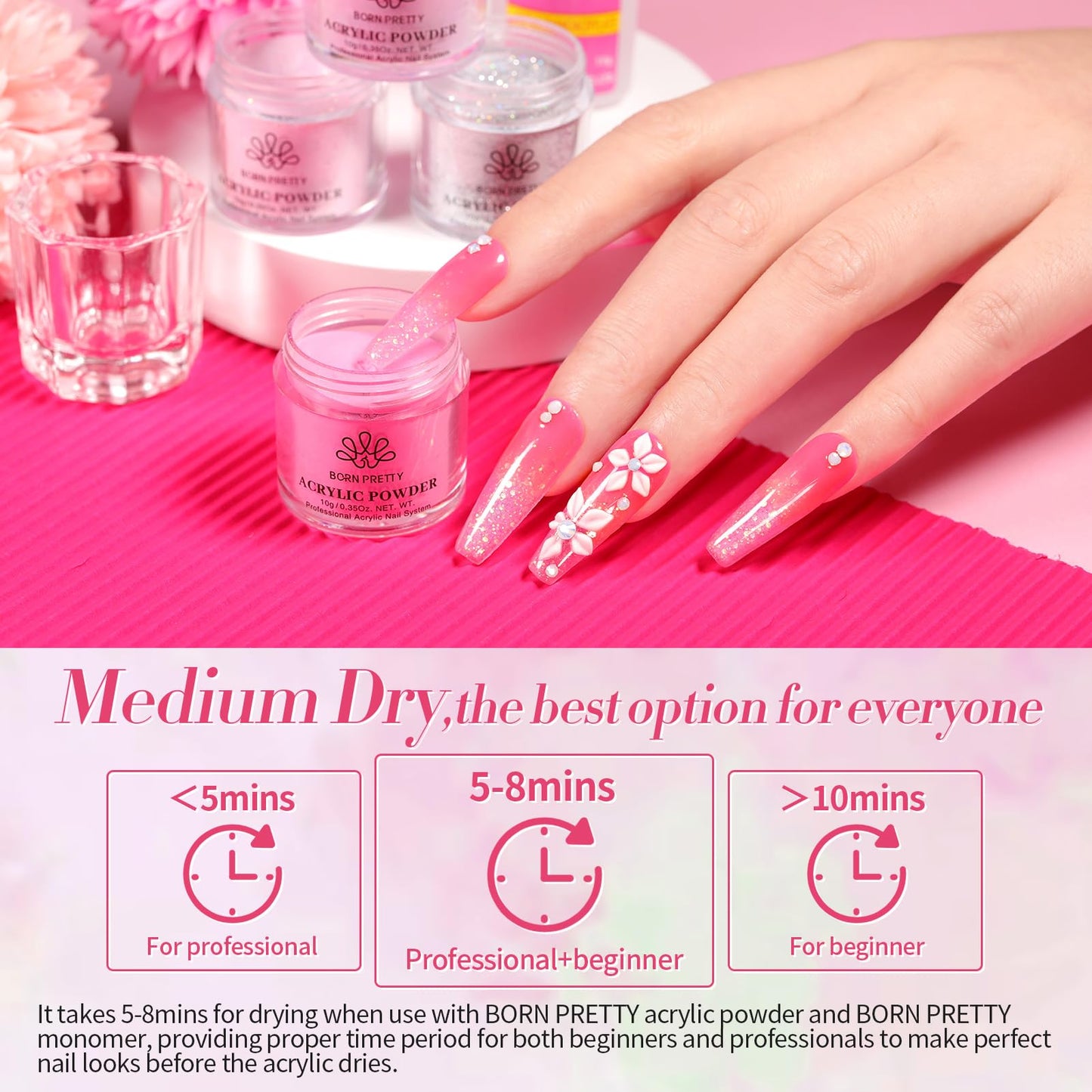 BORN PRETTY Acrylic Nail Kit - Acrylic Powder (Clear, White, Pink) & Liquid Set with Nail Forms, Brush Pen, File & Glass Container - Beginner Friendly