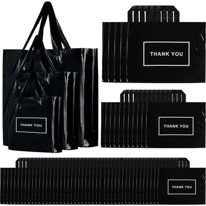 Teling 200 Pcs Thank You Plastic Bags Bulk Thank You Merchandise Bags for Wedding Business, 9 x 12'', 12 x 15'', 15 x 18''(Black)