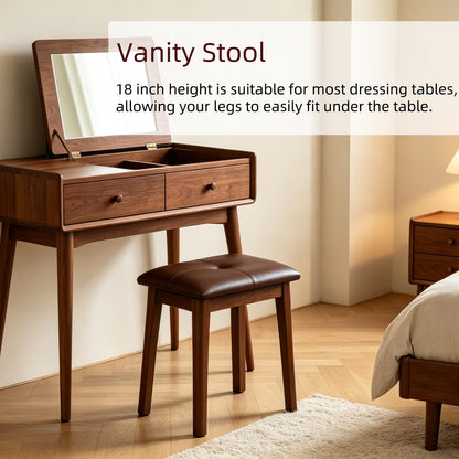 YETEYOW Solid Wood Vanity Stool with Cushion, 11" D x 15" W x 18" H - Small Wooden Ottoman Bench Chair Padded Seat for Bedroom/Living Room/Office/Makeup Vanity/Closet/Desk - Brown