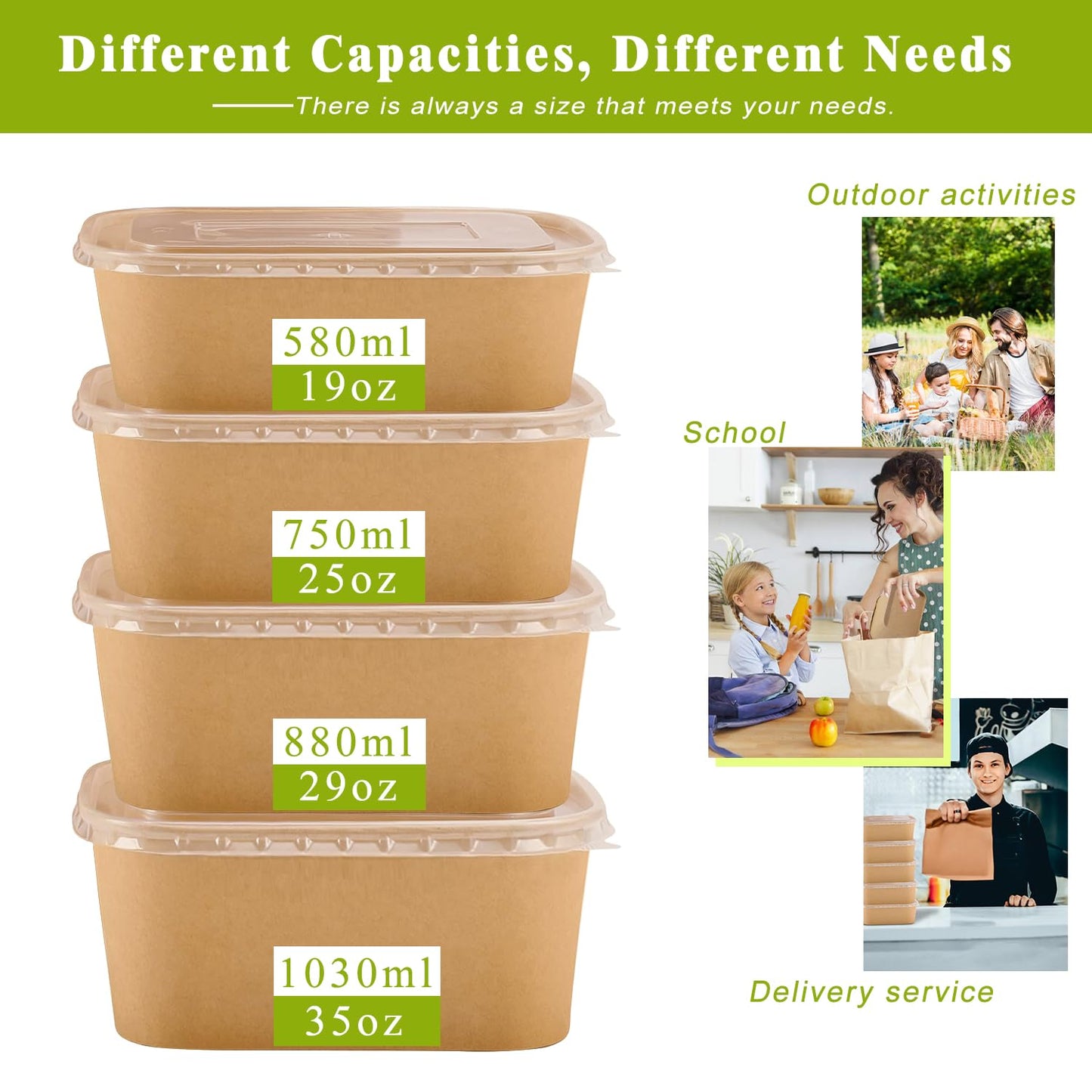 MINCOCO 50 Count Disposable Paper Bowls with Lids Meal Prep Containers 【Includes 50 Wooden Forks + 100 Labels】 Salad Food Containers Freezer & Microwave Safe Leakproof Soup Bowls (25 Ounce, 50-Count)