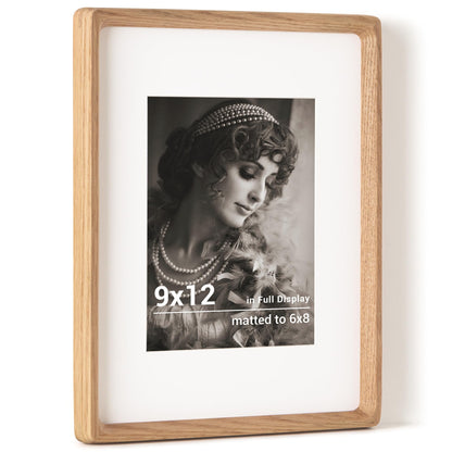 Fun Memories 9x12 Picture Frame, USA-Sourced Oak Wood Photo Frames with HD Tempered Glass, Handcrafted Rounded Corner 9 x 12 Wooden Frames Matted to 6x8 Photos, 9x12 Frame, Tabletop or Wall Display
