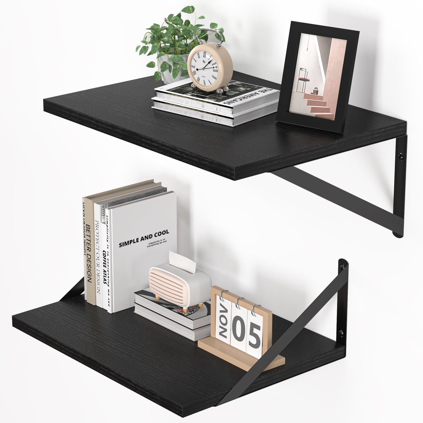 Heimlove Black Deep Floating Shelves for Wall, 16W x 12D Wood Wall Shelves Set of 2, Wide Floating Bookshelf for Living Room, Kitchen, Office, Bedroom and Decor Storage, with Metal Bracket - Black