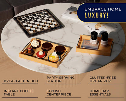 Comfify Decorative Bamboo Serving Trays with Silver Stainless Steel Handles – 2-Piece Set for Coffee Table, Ottoman, Breakfast in Bed, Jewelry & Decor Organization – 12"x17" – Pure Bamboo Finish