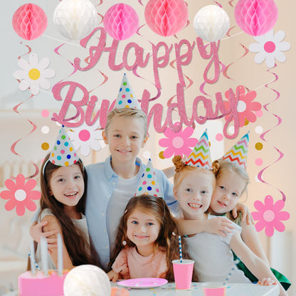 YEOCU Birthday Decorations, NO DIY, Pre-Strung Happy Birthday Banner with Honeycomb Balls, Hanging Swirls, Circle Dots Garland, Happy Birthday Party Decorations for Women Men Boys Girls (Pink)