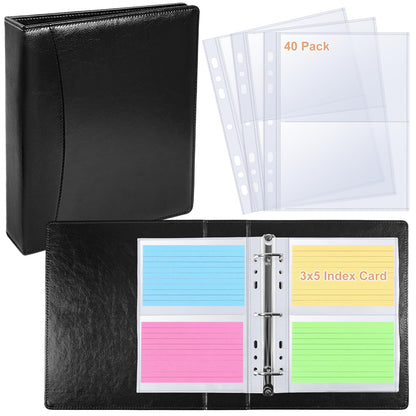 BYSTER 3x5 Index Card Holder, 40 Pack 160 Pockets A5 Binder Index Card Sleeve Pages, Ultra-Clear Protective Sleeves Faux Leather Index Card Binder for Photos, Seed Packets & Note, Side Loading