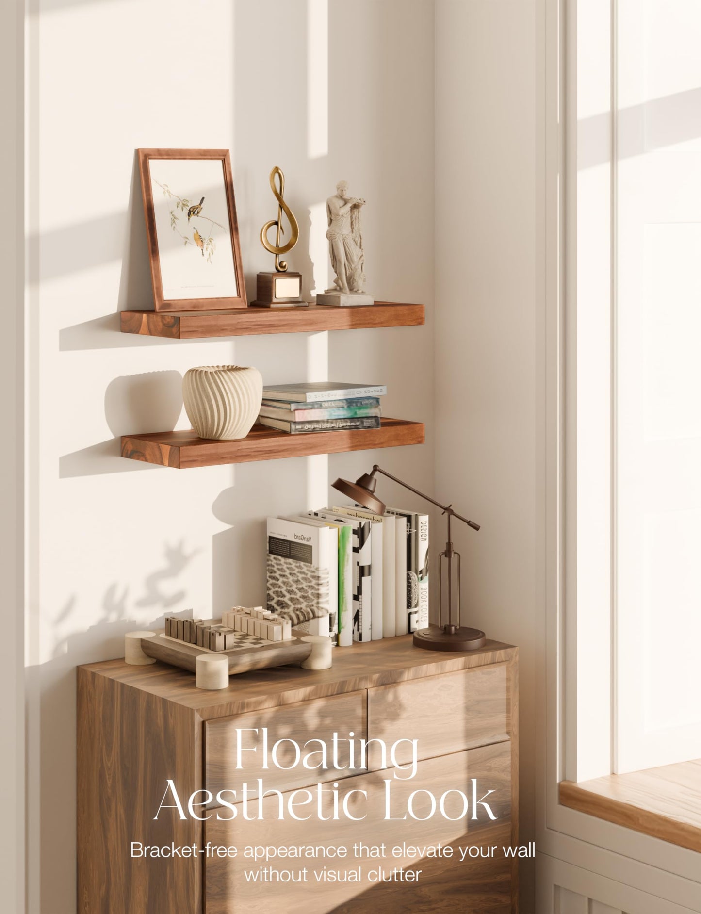 BATODA Set of 2 17" Acacia Wood Floating Shelves Wall Mounted – Rustic Farmhouse Wooden Wall Storage Shelf for Bedroom, Kitchen, Home Décor - Brackets and Shelving Mounting Hardware Included