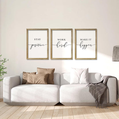 RLWangChao Inspirational Quotes Wall Art Decor 11"X16" 3 Piece Modren Office Stay Positive Work Hard Make It Happen Motivational Wood Framed Sign Living Room Positive Wall Hanging Decoration (Wood)