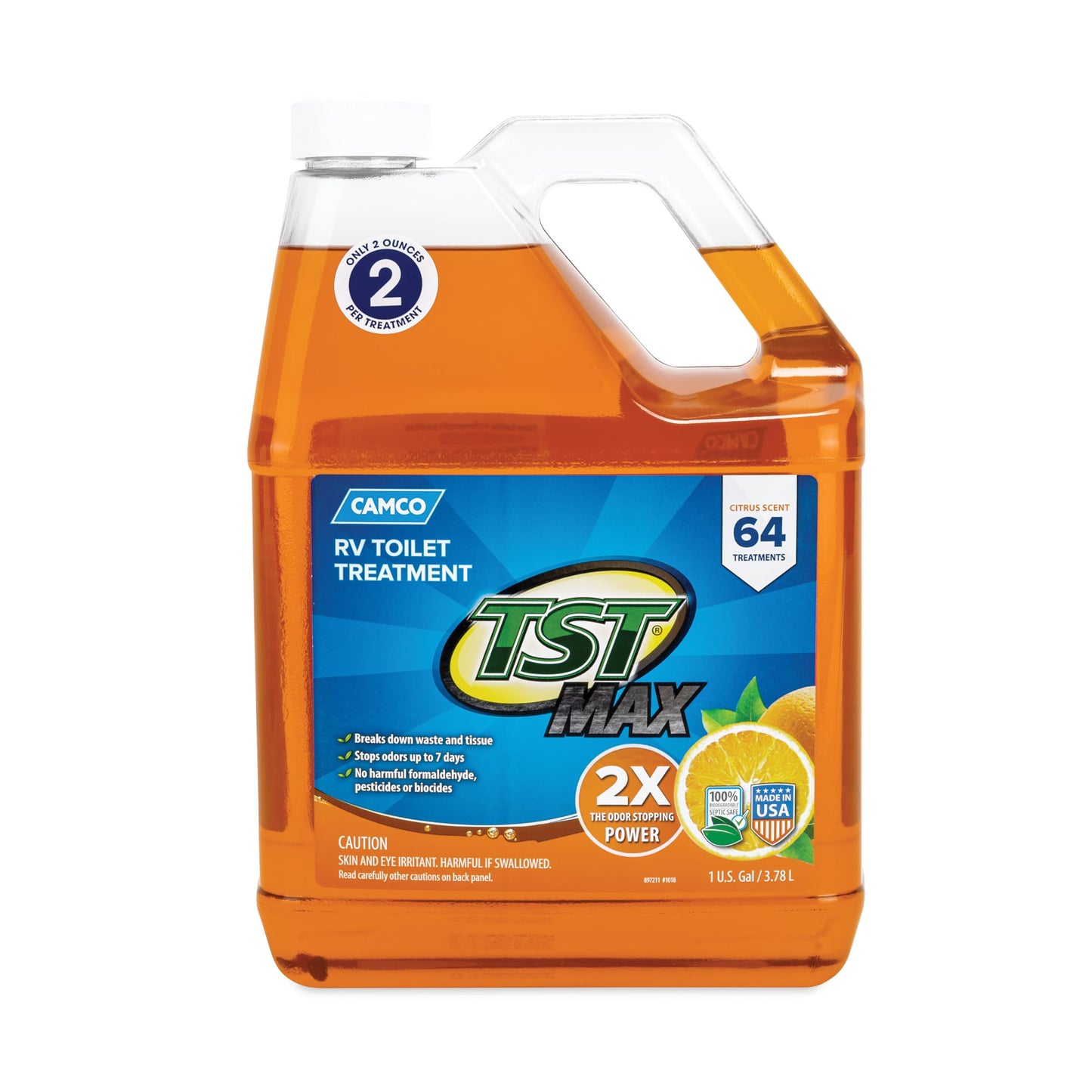 Camco TST MAX Camper/RV Toilet Treatment - Features Septic Safe Formula & Stops Odors Up to 7 Days - Orange Scent, 1-Gallon (41197)