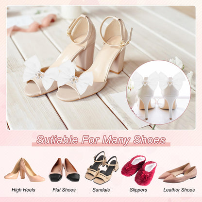 M METERXITY 2-Pack Bow Shoe Clips, Satin Elegant Detachable Shoe Buckle Bridal Bow Heels Accessories with Pearl Rhinestone for Wedding/Party/Prom, Cute Bowknot Heels Clip [Pure White]