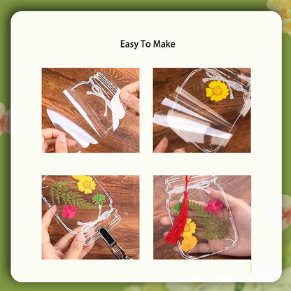 LiveOnce 60pcs DIY Dried Flower Bookmarks - Transparent PET Bookmark Kits with Tassels, Clear Sticky Sheets for Pressed Flowers, Leaves, Nature Craft, Gifts (10.5x7.5cm)