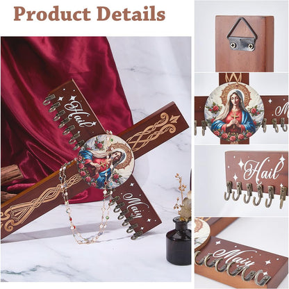 DICOSMETIC Wooden Rosary Holder Wall Mounted with 14 Hangers Wall Mounted Necklace Organizer 15.75"x11.81" Cross Decorative Hanger Large Catholic Rosary Holder for Necklace, Bracelet Storage