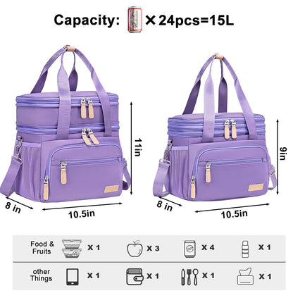 Weitars Insulated Lunch Box for Women Men-Dual Compartment Waterproof Reusable Large Lunch Bag Wide-Open Tote Cooler Bag For Working Picnic Hiking (15L) (Purple)