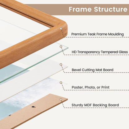 Acovy 11x14 Picture Frame, Natural Solid Teak Wood Photo Collage Frame with HD Tempered Glass, Rounded Corner Wooden Frame 11 x 14 Matted to 6x8, Gallery Wall Frames for Art, Wall or Tabletop Display