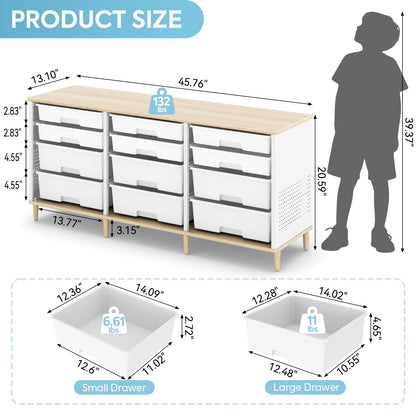 12 Drawers Storage Cabinet with Wooden Top and Plastic Bins, Toy Shelf Storage Chest Cubby Organizer for Home, Office, Playroom, Classroom & Craft Room Storage (White)