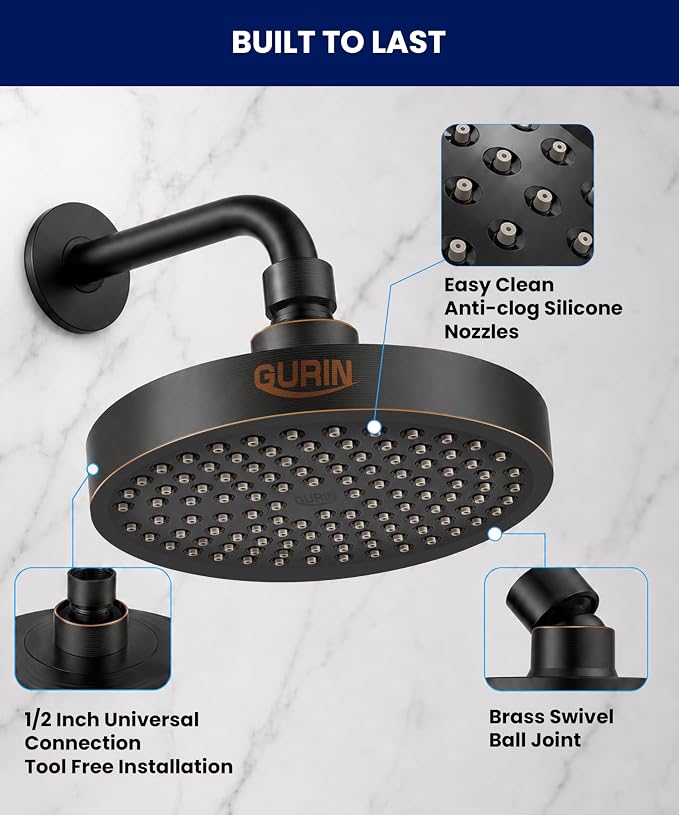 GURIN Shower Head - Powerful High Pressure Rain Shower Head 6 Inch - Luxury Rainfall Showerhead with Adjustable Angles, 90 Anti-Clog Nozzles, Tool-Free 1-Min Install, Premium Oil Rubbed Black Finish