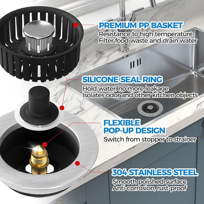 zaa Sink Drain Strainer - 3 in 1 Kitchen Sink Stopper