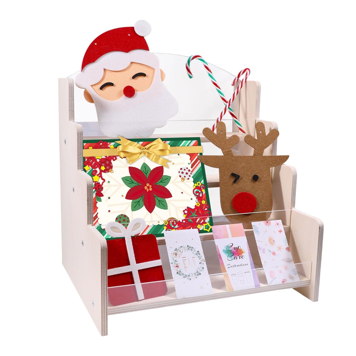 GLOBLELAND 4-Tier Wooden Greeting Card Display Stand Portable Card Display Rack Card Organizer Rack for Vendors Postcards Brochure Photos Sticker Retail Stickers Bookmark 10.2x11.6x11.6 inch