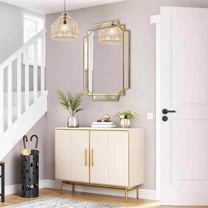 HQiJun 30x20 Inch Gold Bathroom Mirror, Wooden Frame with Scalloped Polished Beveled Glass, Modern Art Wall Decor for Vanity, Irregular Rectangle Mirror for Bedroom, Living Room, Fireplace & Entryway