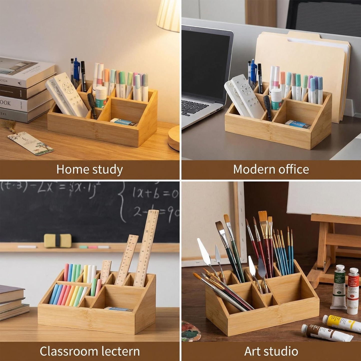 Ninebendstreams Bamboo Art Supply Organizer, Pen Holder Wooden Desktop Storage for Artists, Office Supplies, Makeup Brushes,Minimalist Desk Accessory for Home Studio, Classroom or Vanity