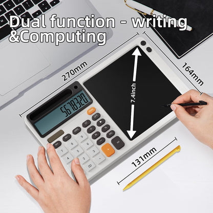 DPEDUAI Solar Desk Calculator with 7.5 inc LCD Writing Membrane, 15° Tilt for Easy Reading, Integrated Phone Stand, Voice & Silent Modes, Anti-Slip Pads for Stability, Ideal for Office & Study Use