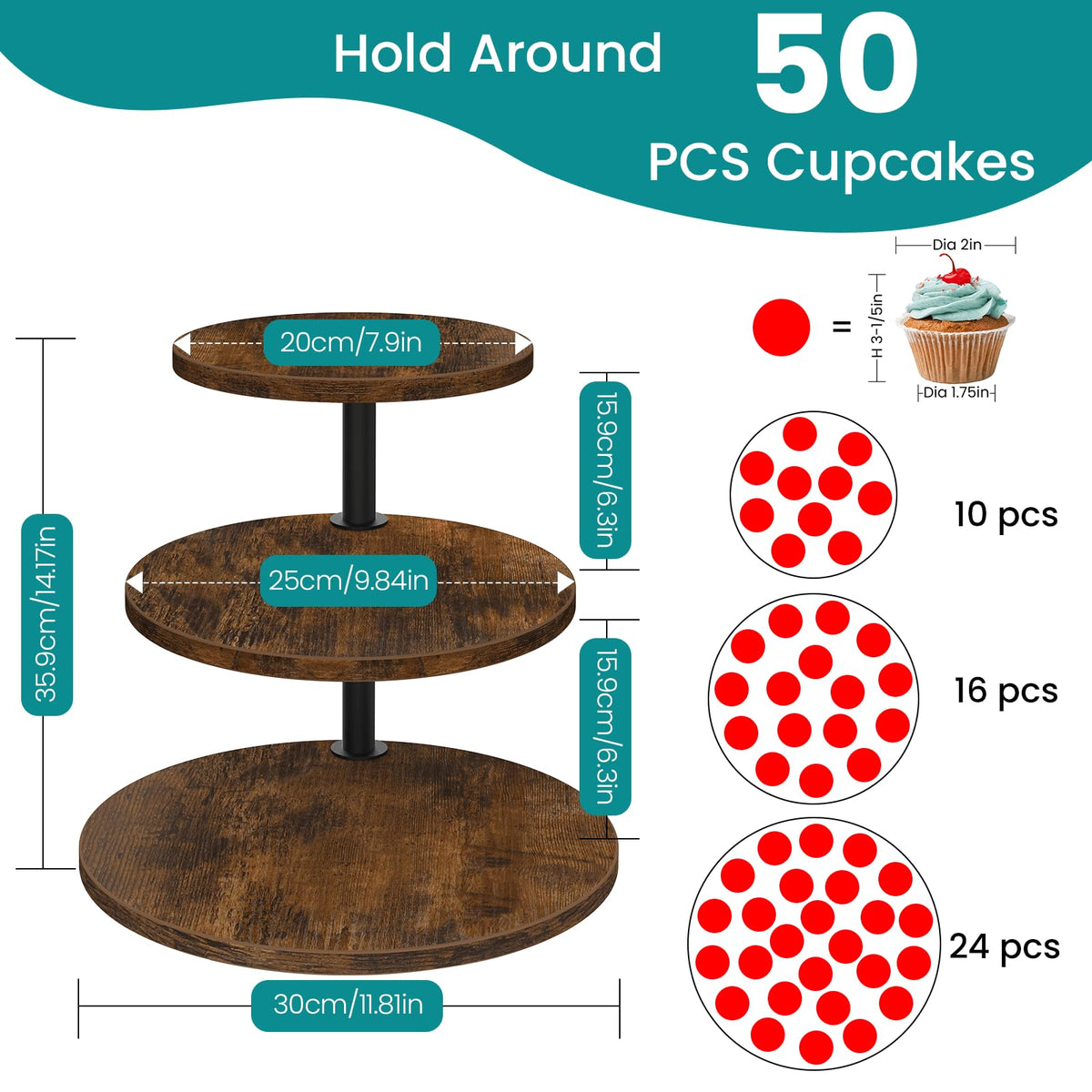 ELITEROO 3 Tier Cupcake Stand for 50 Cupcakes, Rotating Wooden Cake Stand, Rustic Dessert Display Tower with Tiered Trays, Round Cupcake Holder for Wedding Birthday Baby Shower Tea Party, 2 Pack