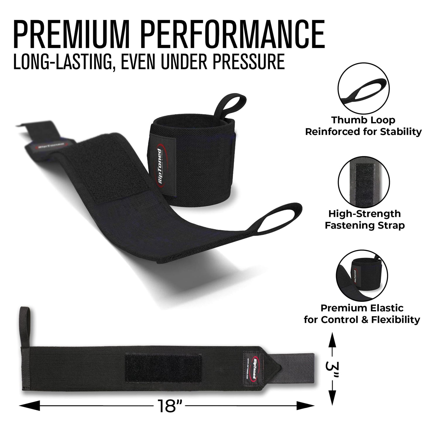 Rip Toned 18” Wrist Wraps - USPA Endorsed Wrist Straps for Weightlifting - Quality Wrist Support - Adjustable, Durable, Machine Washable - Gym Wraps for Powerlifting - for Men & Women