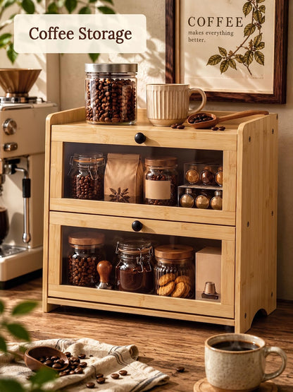 Plusinthebox Bamboo Bread Box for Kitchen Countertop, 2 Tier Large Capacity Wooden Bread Storage Container, Bread Keeper for Homemade Bread, Bagels and Pastries, Pantry and Coffee Bar Organizer
