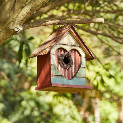 Glitzhome Bird House for Outdoor, 8.75" H Decorative Pet Cottage Distressed Heart Garden Wooden Birdhouse for Outside, Hanging Birdhouse for Bluebird Hummingbird Wren Finch Cardinals Cedar