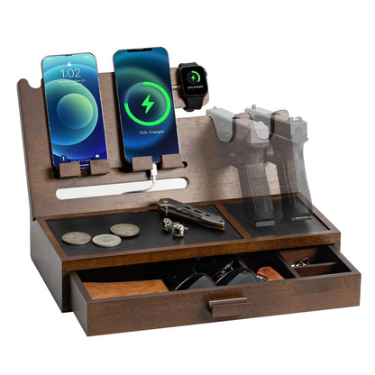DGWJSU Phone Docking Station as Gifts for Men, Wood Pistol Rack As Nightstand Organizer for Gun Safe, Phone Charging Station as Gifts for Him Boyfriend Father in Anniversary Birthday Christmas