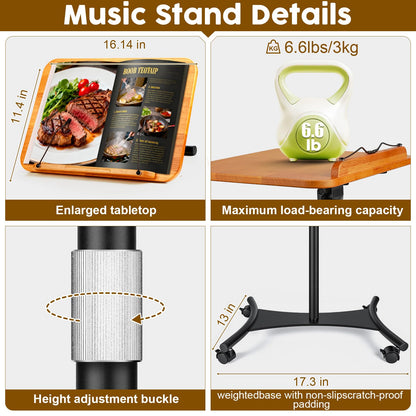 2 in 1 Dual-use Music Stand & Desktop Book Stand, Adjustable Height 16.5"-51", 100% Solid Wood Laptop Floor Stand Book Holder with Elastic Page Clips for Cookbooks (Brown-Wheeled)