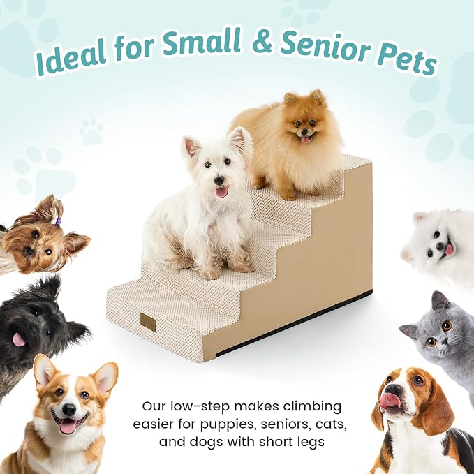 COZY KISS Dog Stairs for Small Dogs 15.7" H, 4-Step Gentle Incline Pet Step for Couch Sofa, Non-Slip Right-Angle Dog Ramp for Puppy Doggie Senior Cats, 15.7x23.6x15.7 Inch, Beige